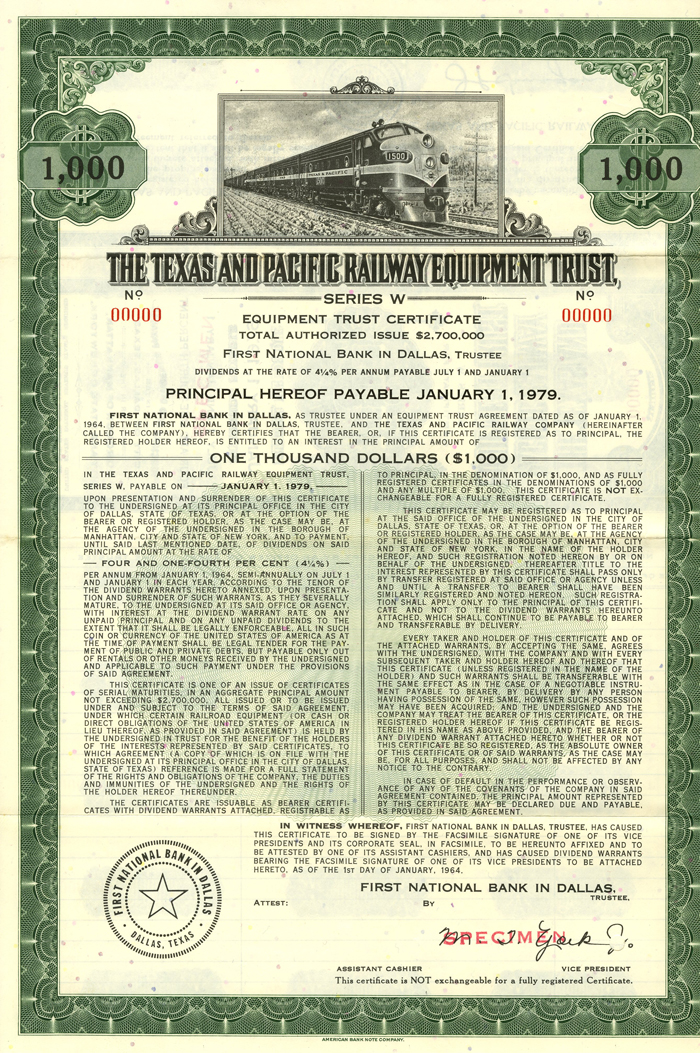 Texas and Pacific Railway Equipment Trust - $1,000 Specimen Bond